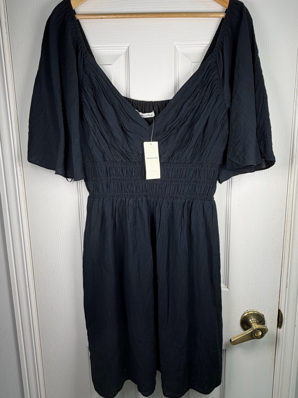 Abercrombie & Fitch Navy Midi Dress LT NWT Deep V-Neck Smocked Waist Romantic
